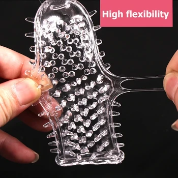 Adult Sex Toy Extension Reusable Condom Penis Sleeve Male Enlargement Time Delay Spike Clit Massager Cover Crystal Clear Condoms 5