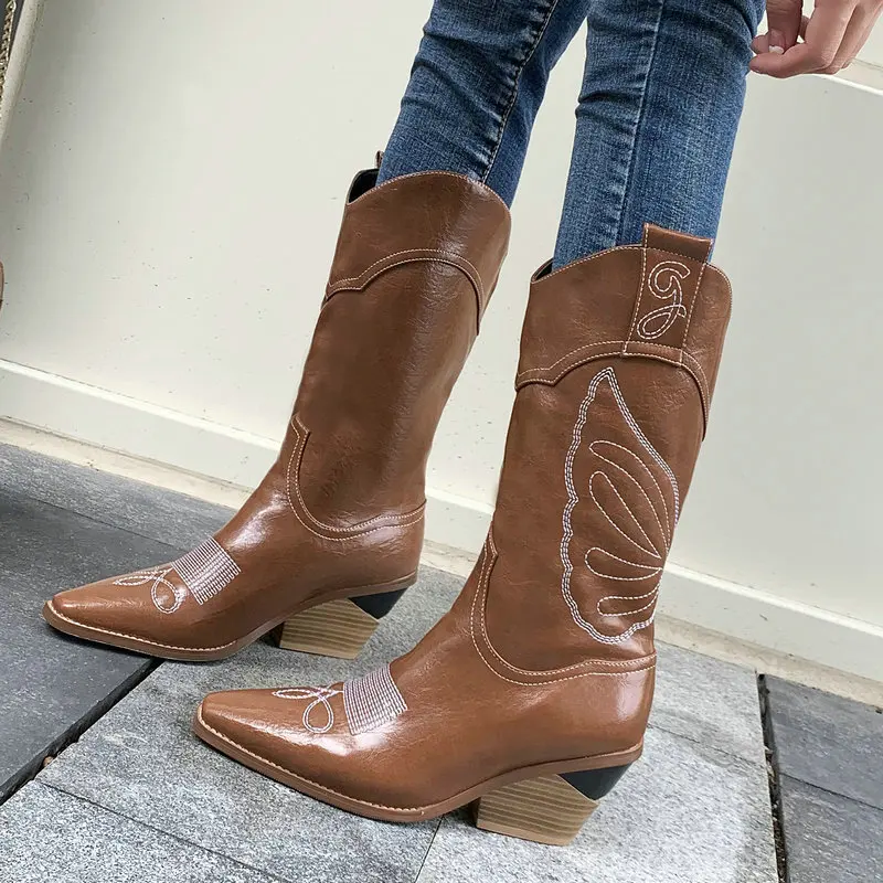 

Comfort Chunky Heel Western Boots for Women Faux Leather Mid-calf Boots Woman Cowboy Boots Winter Black Wine red Brown White