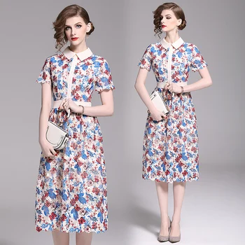 

Fashion New 2019 Loose Lace Dresses Casual Brief High Waist Vintage Dress Korean A-line Turn-down Collar Print Dresses