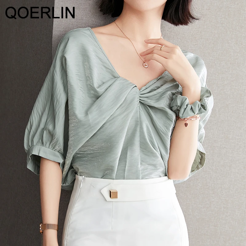 

QOERLIN Reversible Chiffon Blouse Minimalist Green Tops Girls Hot Chic Women Criss-Cross Single Breasted Solid Elegant Shirts