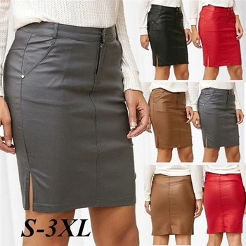 

Black PU Leather Skirt Women 2020 New Midi Sexy High Waist Bodycon Split Skirt Office Pencil Skirt Knee Length Plus Size