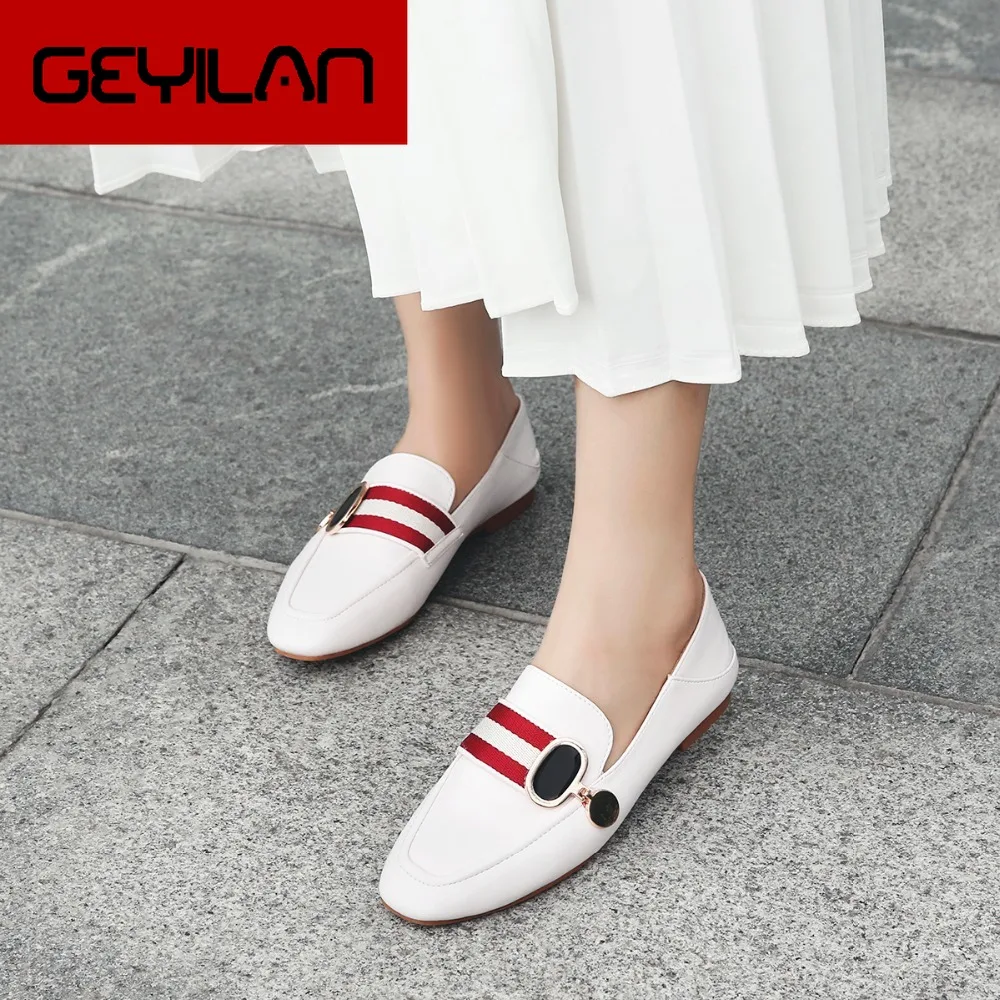 

Spring British Style Women Loafers Casual Slip-on Flat Shoes Woman Square Toe Leather Ballet Flat With Metal Decoration