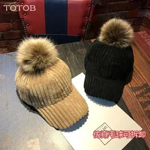 Одноцветная женская шапка на осень и зиму с меховым помпоном, Женская Вельветовая Кепка для студентов, Толстая теплая Кепка с козырьком, бейсбольная кепка