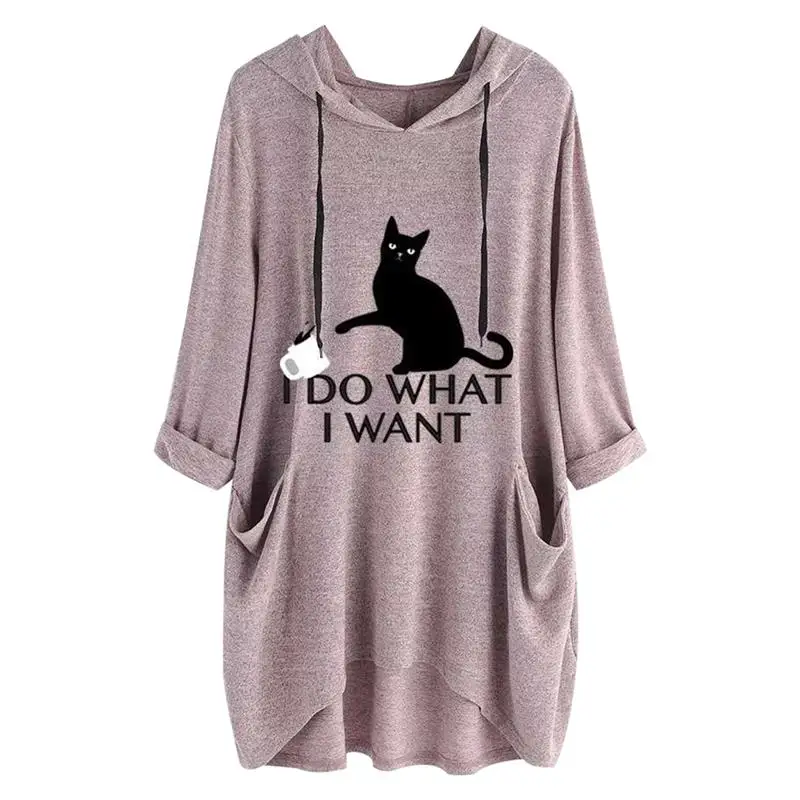  Plus Size Hoodies Women I Do What I Want Letter Print Cat Ear Pattern Pocket Oversized Sweatshirt A