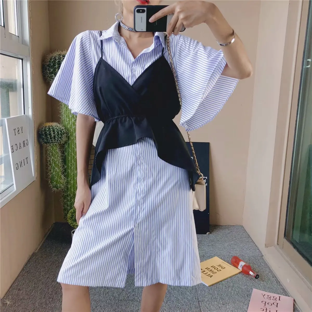 

C1482-6086 Trend WOMEN'S Dress New Style Fold-down Collar Stripes Shirt Dress + Dungaree Shirt WOMEN'S Suit