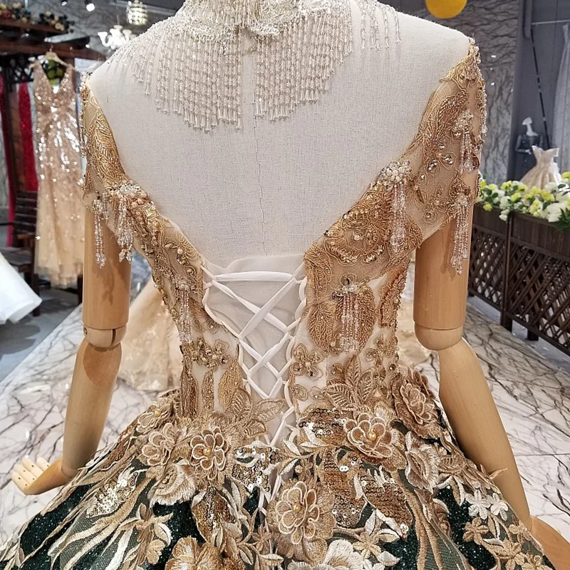 LS741653 golden lace flowers shiny ball gown evening dress off shoulder sweetheart dresses with crystal necklace for mothers 6