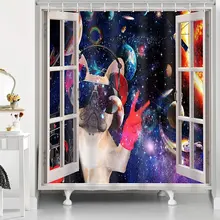 

Funny Dog Shower Curtain Outer Space 3D Window Universe Galaxy Pattern Bathtub Screen Waterproof Cloth with Hooks Bath Curtains