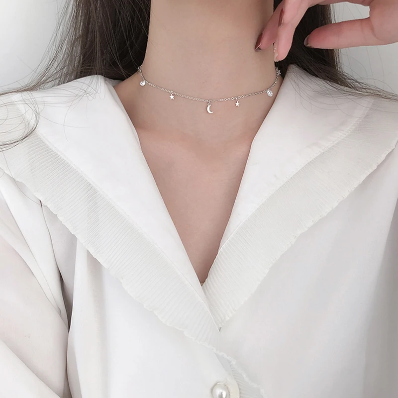 925 Sterling Silver Shiny CZ Stars & Moon Pendants Choker Necklace For Women Wedding Gift NK043 pendant necklace,silver necklace,silver pendant