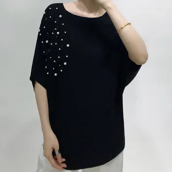 

Women's solid color round neck beaded short sleeve knitted T-shirt