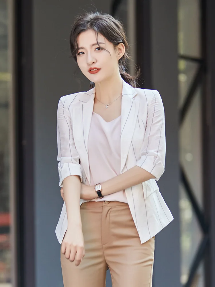 

Cotton Linen Small Suit WOMEN'S Coat Stripes Korean-style Spring And Autumn Short Flax Suit 2019 New Style Women's Summer Thin S