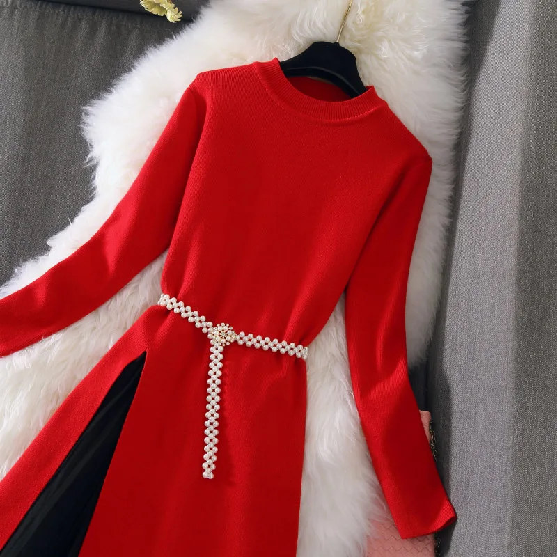 Amolapha, Женский вязаный свитер, платье+ юбка в сеточку, комплекты с длинным рукавом, Женские однотонные длинные Джемперы, юбка, костюм Vestidos