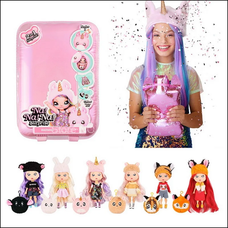 Moda lols boneca na na na surpresa 2-em-1 minna moody oxie foxy com preto pelúcia cordeiro com zíper raposa pom
