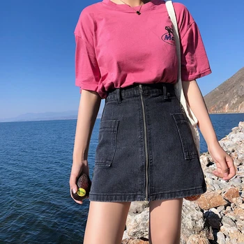 

Spring Summer Korean A Line Skirts Women High Waist Zipper Up Denim Skirts Female Streetwear Empire Cotton Mini Denim Skirt
