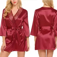 

Women Solid Color Sexy V Neck 3/4 Sleeve Lace Stitching Belt Loose Nightgown