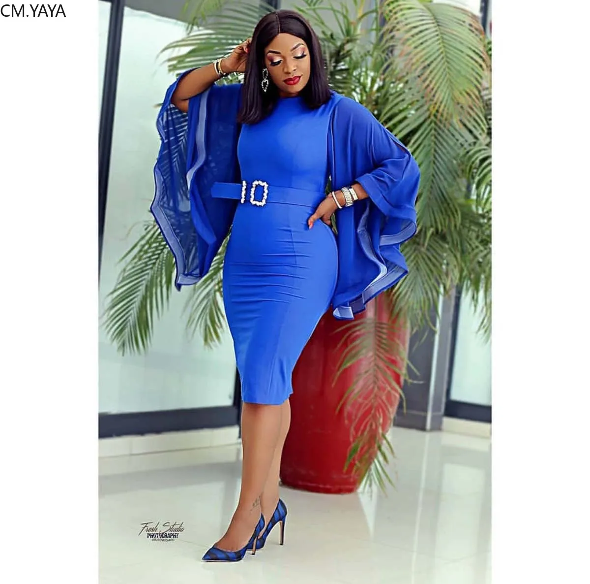 

New Autumn Women Chiffon Cloak Sleeve Patchwork Bodycon Midi Dress Office Lady Sexy Party Evening Tunic Sashes Dresses Vestidos
