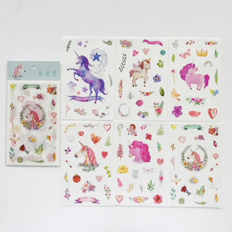 6 Sheets /Pack Unicorn & Plants Washi Paper Decorative Stickers | Канцтовары для офиса и дома