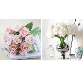 

12Pcs Artificial Rose Flowers Thai Royal Rose Silk Champagne & 12x Simulation Flower Hand Tie Five Peony White