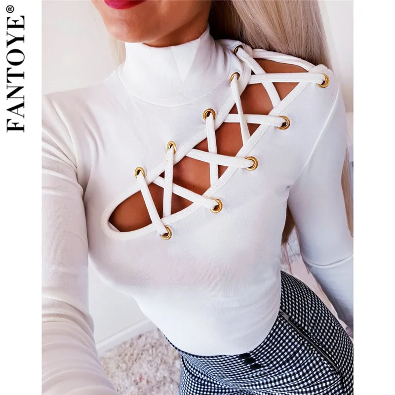 

FANTOYE Women Hollow Out Sexy Top Tshirt Autumn Lace Up Turtleneck Casual Top Tees Women Long Sleeve Office Style Top Streetwear