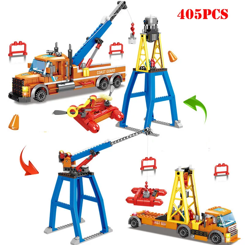 

City Fire Police Helicopter Crane Bulldozer Transport Ship Building Blocks Compatible Legoed Technic Bricks Toys For Children