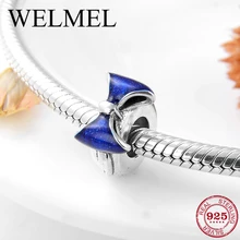 Синий бант-узел кремния распорка бусины 925 стерлингового серебра подходит Pandora браслет ювелирных изделий