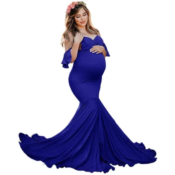 

Shoulderless Ruffled Sleeve Pregnancy Dress Photography Props Maternity Maxi Gown Dresses For Photo Shoot Pregnant Women Clothes