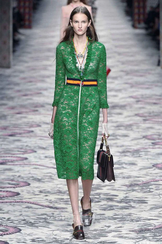 Pinkoz Runway Vogue Womens Green Lace Dresses Elegant Bodycon Office Lady Dress V Neck Front Zipper Slim Midi Dress Vestidos