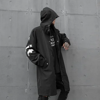 

Male Streetwear Hip Hop Gothic Long Windberaker Overcoat Jacket Men Autumn Winter Loose Casual Print Hooded Trench Coat