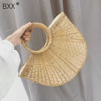 

[BXX] 2020 Solid Color Casual Hollow Out Handbag Sandy Beach Vacation Moon Shpae Straw High Capacity Shoulder Bag Handbag LM843