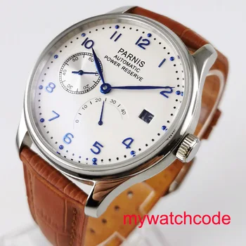 

43mm Parnis white dial date window blue hands brown leather strap power reserve automatic movement men's watch Relogio Masculino