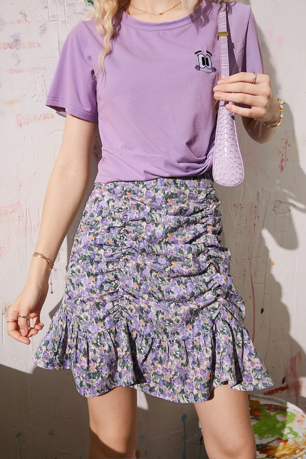ELFSACK Yellow Oil Painting Floral Print A Line Women Ruffle Skirts 2020 Summer ELF Purple High Waist Korean Girly Holiday Skirt