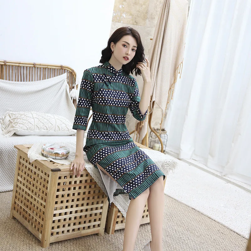 Sheng Coco Chinees платья зеленый хит цвет в полоску Qipao Леди с длинным рукавом Осень Зима Cheongsam хлопок решетки Qi Pao