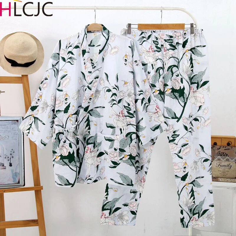 

Pyjama Femme Japanese Kimono Robes Women Fresh Lily Print Cotton Gauze Pajamas Sets Simple Robes Set For Women Pijama Mujer