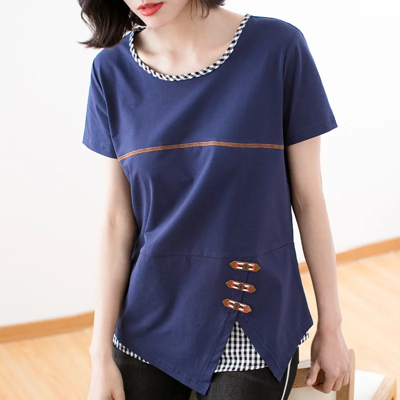 Женская рубашка с коротким рукавом летняя хлопковая блузка в клетку на пуговицах