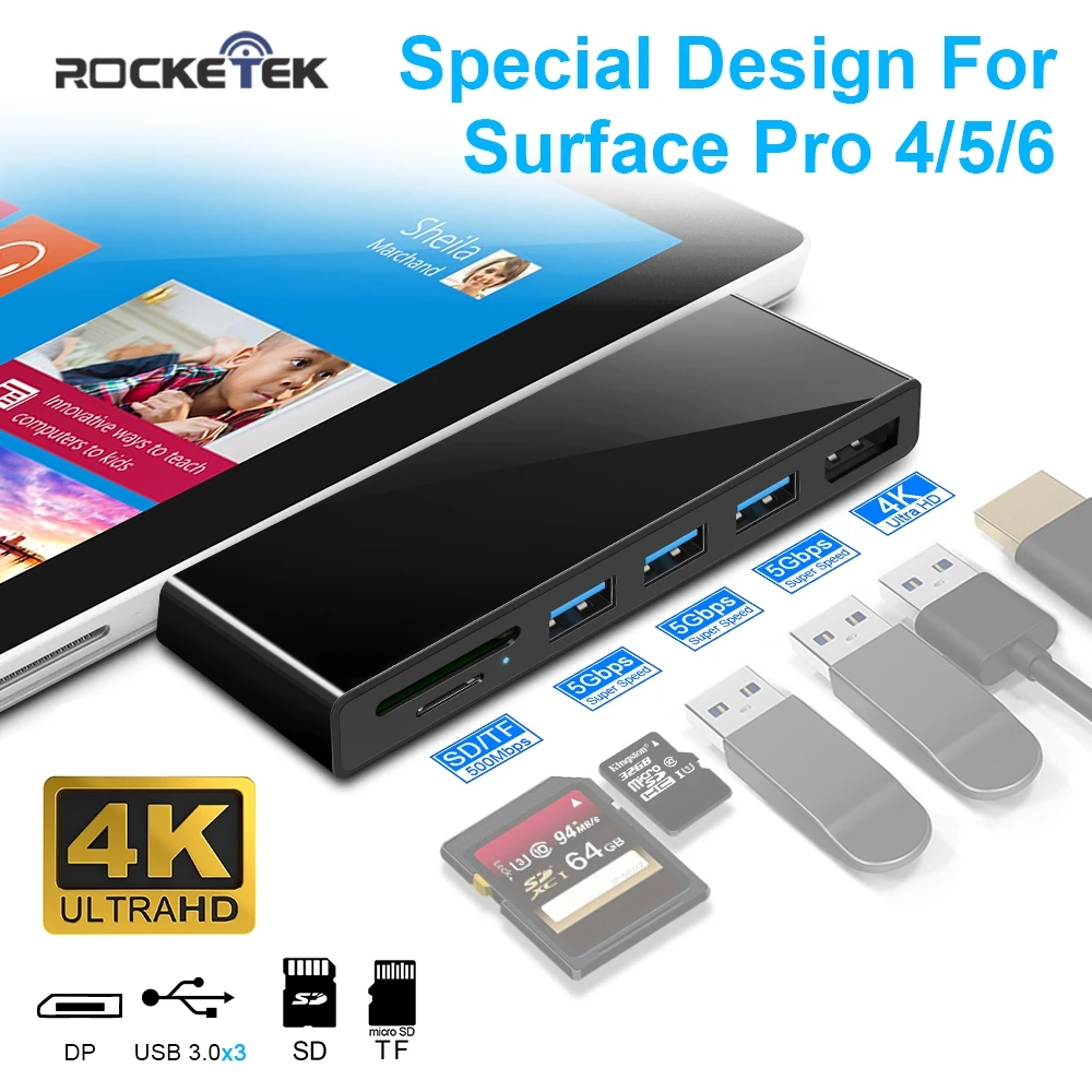 Rocketek usb 3,0 концентратор кард-ридер DP 4K 30 Гц адаптер для чтения в то же время SD/TF micro SD microsoft Surface Pro 4/5/6