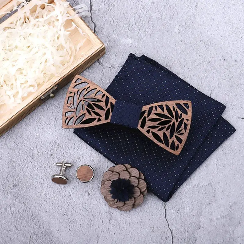  Wooden Bow Tie Handkerchief Set Men Women Hollow Wood Carved Floral Corsage Cufflinks Jewelry Gifts