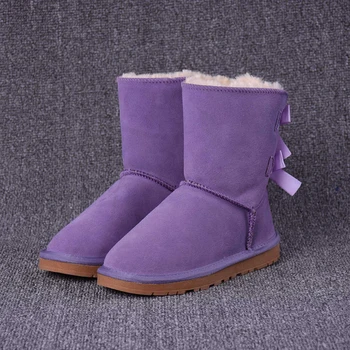 

Snow Boots Mid calf High Womans Fashion Faux Fur Booties Wholesale Warm Genuine Cow Leather Double Bow Winter Shoes For Women