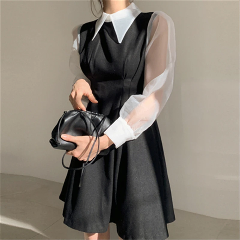 

Women All-match Mini Dress Chic Turn-down Collar Temperament Korean Sweet Patchwork Chiffon Slim Waist Puff Sleeve Dresses