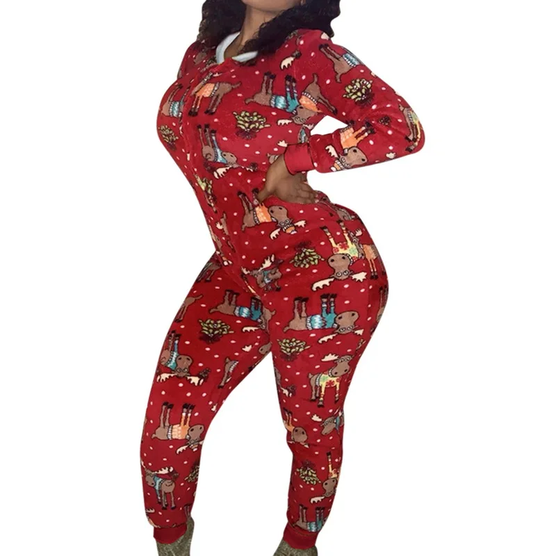 

2021 Christmas Cartoon Print Long Sleeve Jumpsuit For Woman Biker Long Tracksuit Elegant Femme Bodysuit with Hooded Slim Rompers