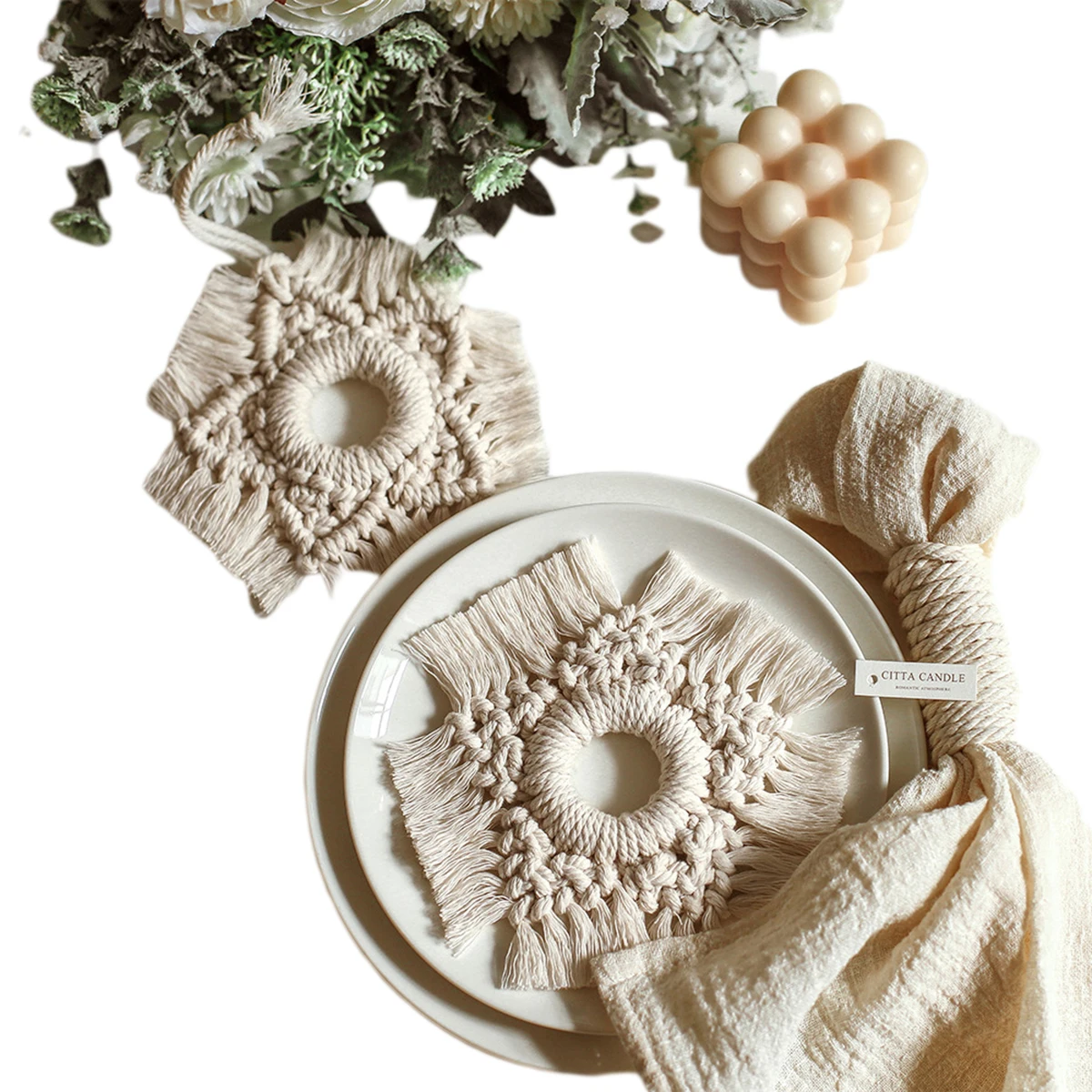 

1 PC Handmade Woven Coasters Macrame Heat Resistant Cup Pads Thick Braided Star Shape Mats Table Decoration