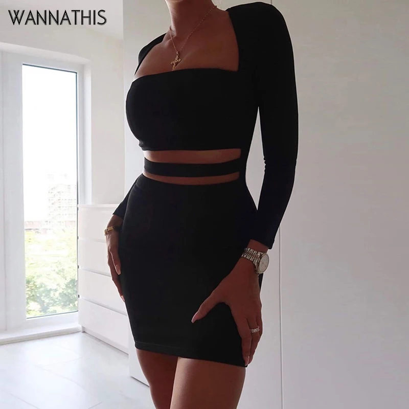 WannaThis, черные выдалбливают Мини платья, женские элегантные облегающие с длинным рукавом эластичные с длинным рукавом Осенние новые сексуальные вечерние платья