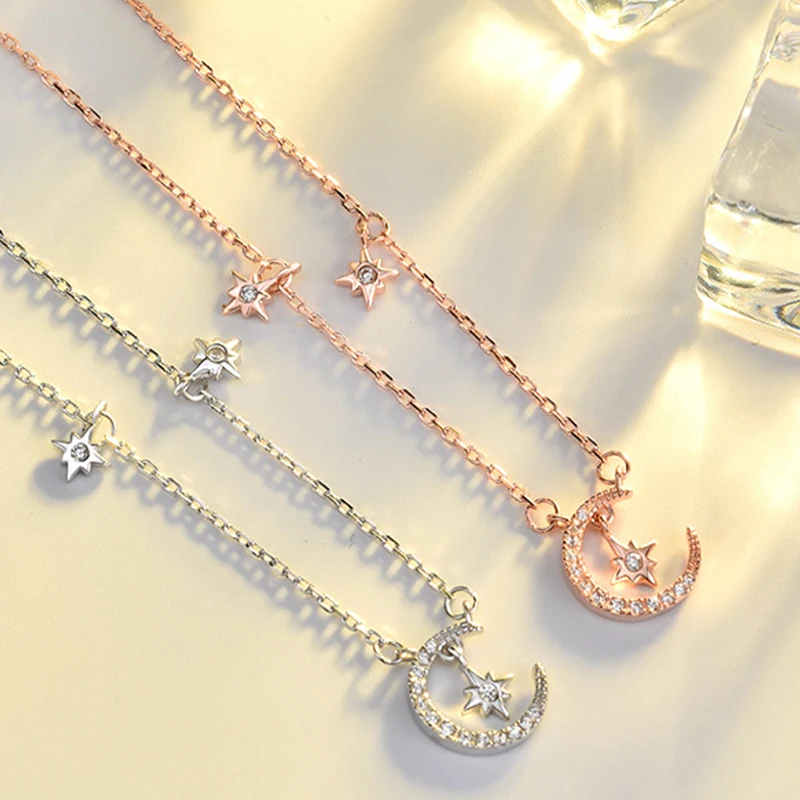 

925 sterling silver Necklace For Women Fashion Gold/Silver Color Retro Ziczon Pendant Long Necklaces Star and moon shapes
