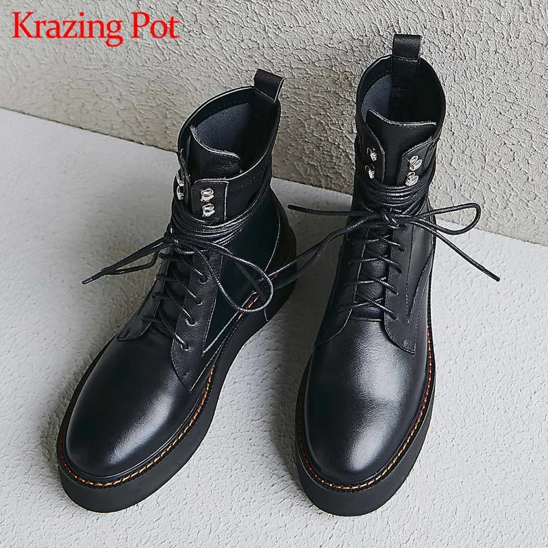 Krazing Pot/простые однотонные ботинки из натуральной кожи с заклепками; зимние женские ботильоны на шнуровке с круглым носком на высоком каблуке; L11