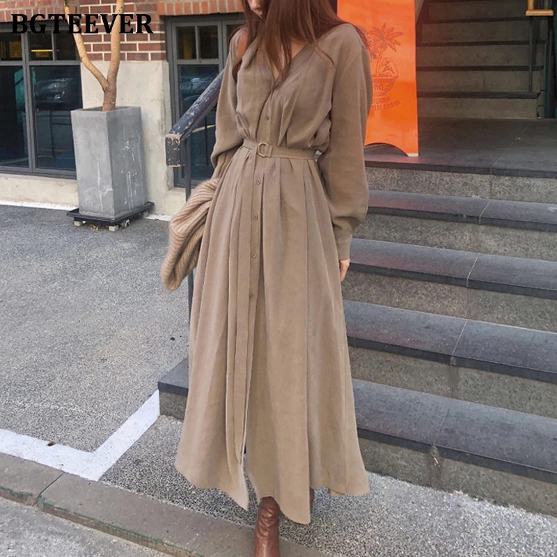 BGTEEVER V-neck Single-breasted Female Long Dress 2020 Spring Elegant Long Sleeve Belted Women Dress Straight Loose Vestidos BGTEEVER V-neck Single-breasted Female Long Dress 2020 Spring Elegant Long Sleeve Belted Women Dress Straight Loose Vestidos