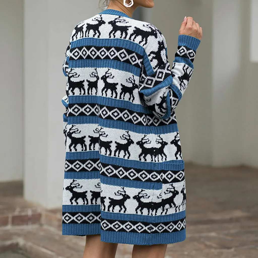 JAYCOSIN Women Sweater Christmas Elk Print Fashion Sweater Open stitch female Winter Long Sleeve sweaters overcoats pockets