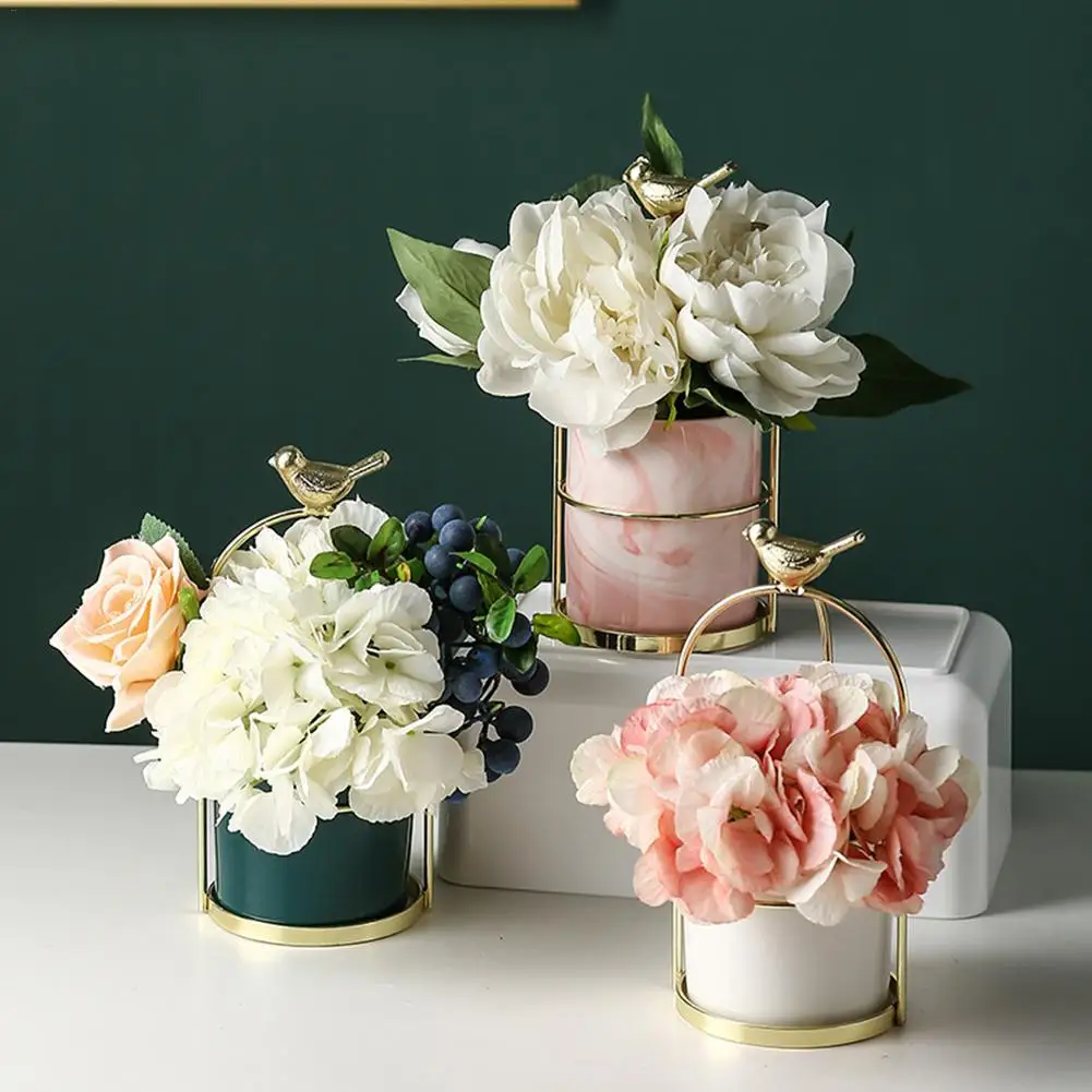 Nordic style Vase INS Iron Frame Gold-plated Flower Pot Flower Stand Ceramic Hydroponic Green Plant for Home Office Desktop
