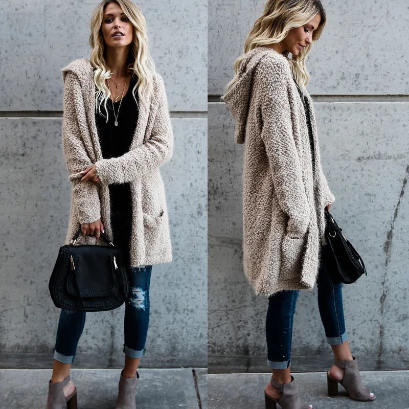 

Lugentolo Plush Cardigans Women Hooded Slim Fit Mid-length Jacket Long Sleeve Solid Color Fall Winter Long Cardian Women