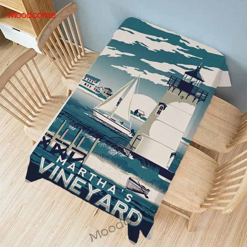Summer Beach Lighthouse Hawaii Style Scene Vintage Poster US Landscape Kitchen Table Cover Home Decorative Dinning Tablecloth | Дом и сад