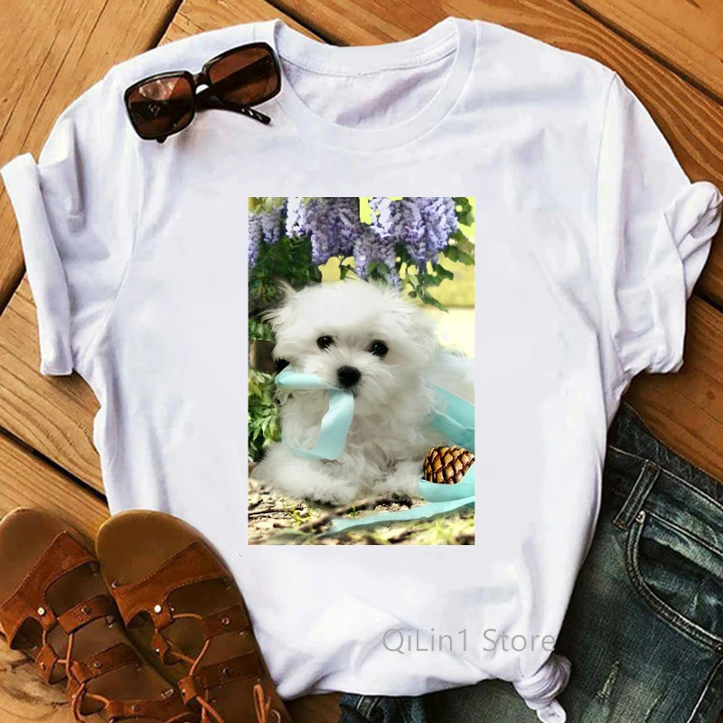 Maltese Print Graphic T Shirts Women Summer White T-Shirt Femme Casual Short Sleeve Summer Top Dog Lover Birthday Gift Clothes tee shirts Tees