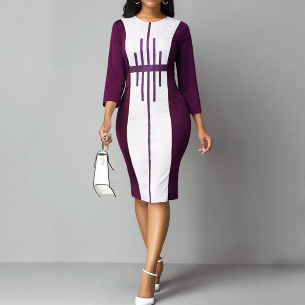 

Elegant Office Fall Dresses for Women Plus Size 3XL 5XL Bodycon Color Block Fashion Autumn Business Ladies Work Midi Dress 2019