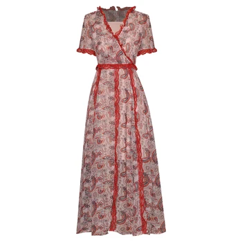 

HIGH QUALITY Newest 2020 Fashion Runway Dress Women's V-Neck Petal Sleeve Lace decorate Floral Print Dress